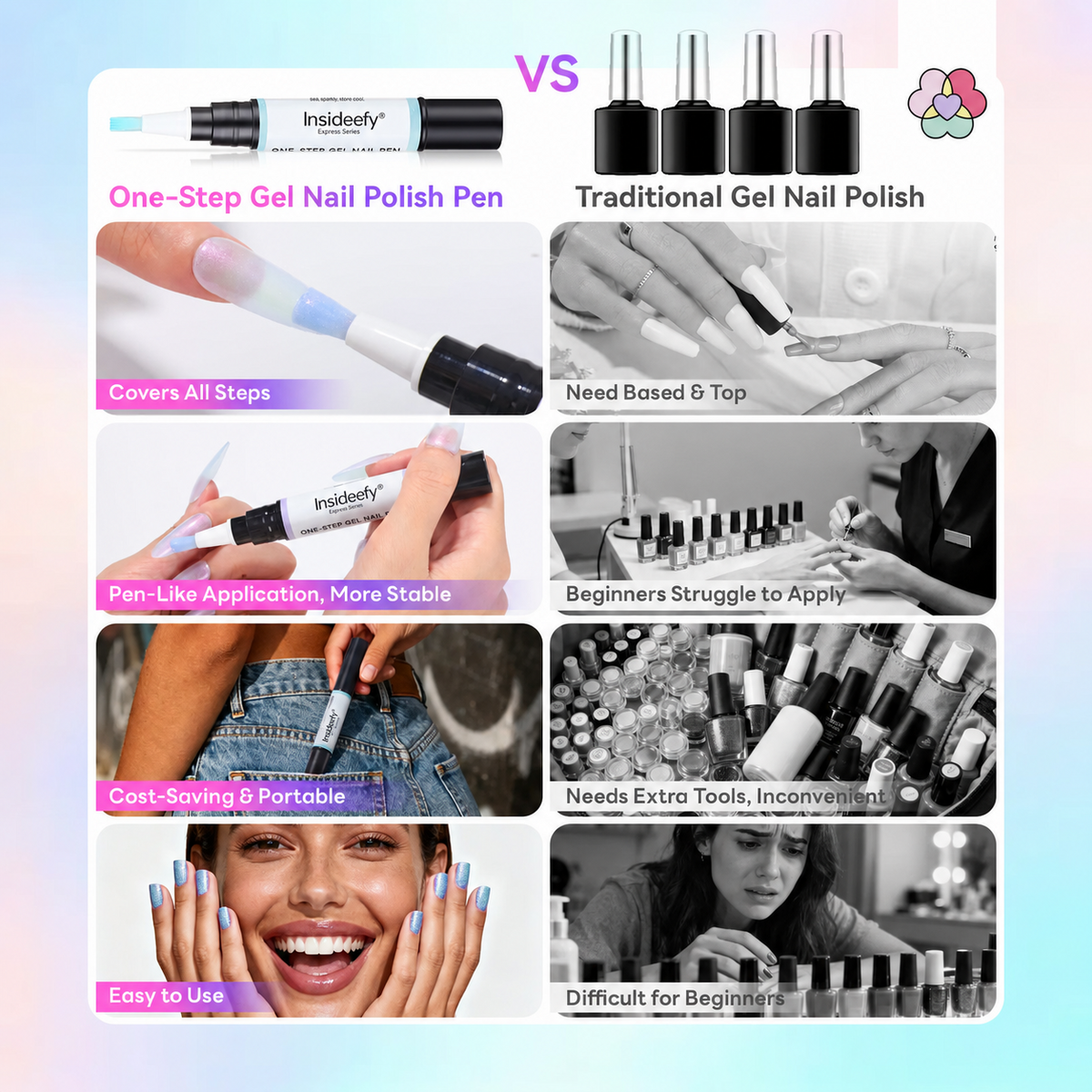 Insideefy® 5-in-1 Gel Nail Polish Pen, Aurora Effect Gel Nail Pen with Base Color